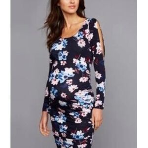 A Pea in the Pod Floral Bodycon Maternity Dress Ruched Side Slit Sleeve Navy M